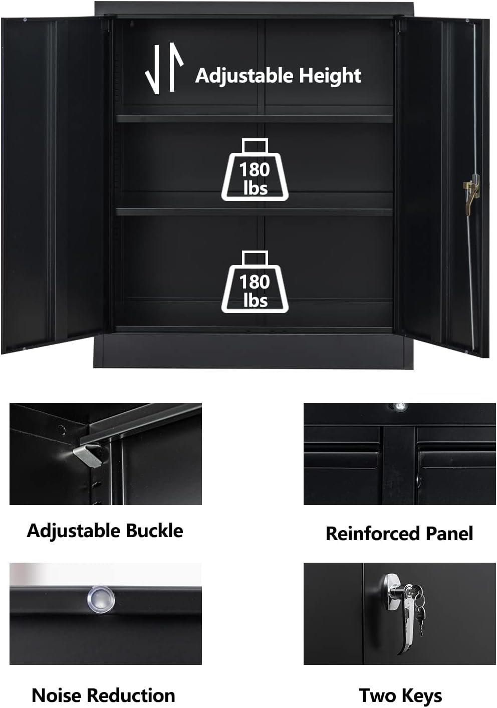 Metal Storage Cabinet with 2 Shelves and 2 Doors, Steel Locking Cabinet, 36.2 H x 31.5 W x 15.7 D (Black) U41164