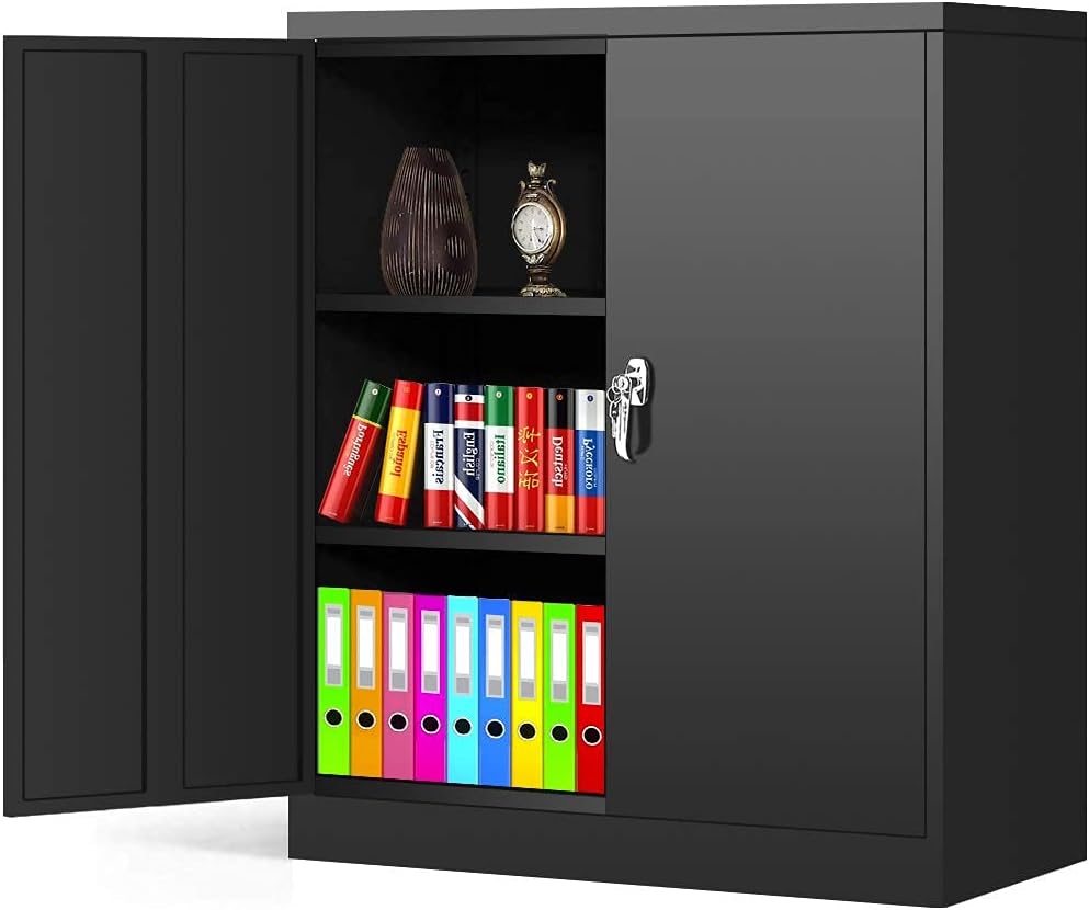 Locking Metal Cabinet with 2 Doors, 4 Adjustable Shelves, Black T885213