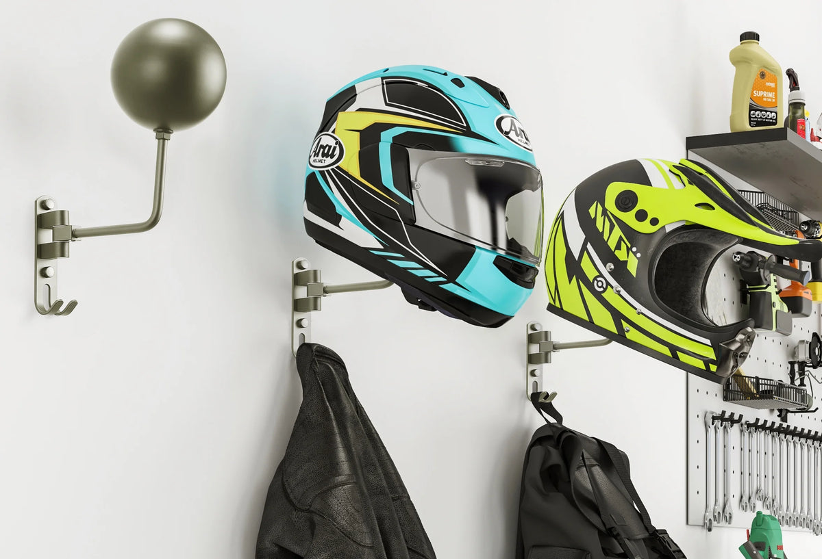Grey Wall Mount Motorcycle Helmet Rack, 180 Degree Swivel, 2-Pack T661