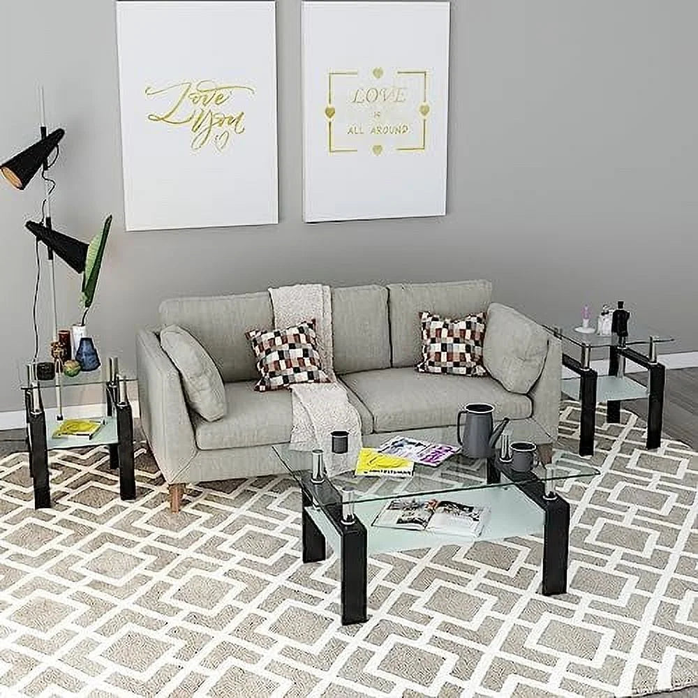 Glass Coffee Table End Table Sets of 3 White Metal Leg D875299