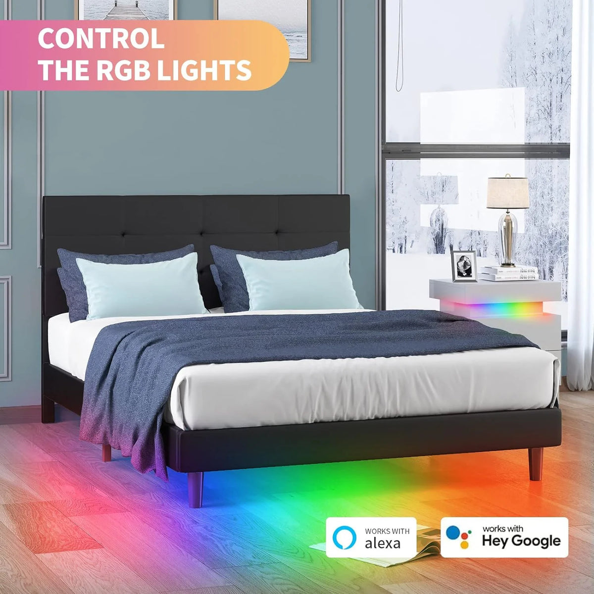 Full Size Bed Frame with RGB LED Lights Tufted Headboard Grey A886014