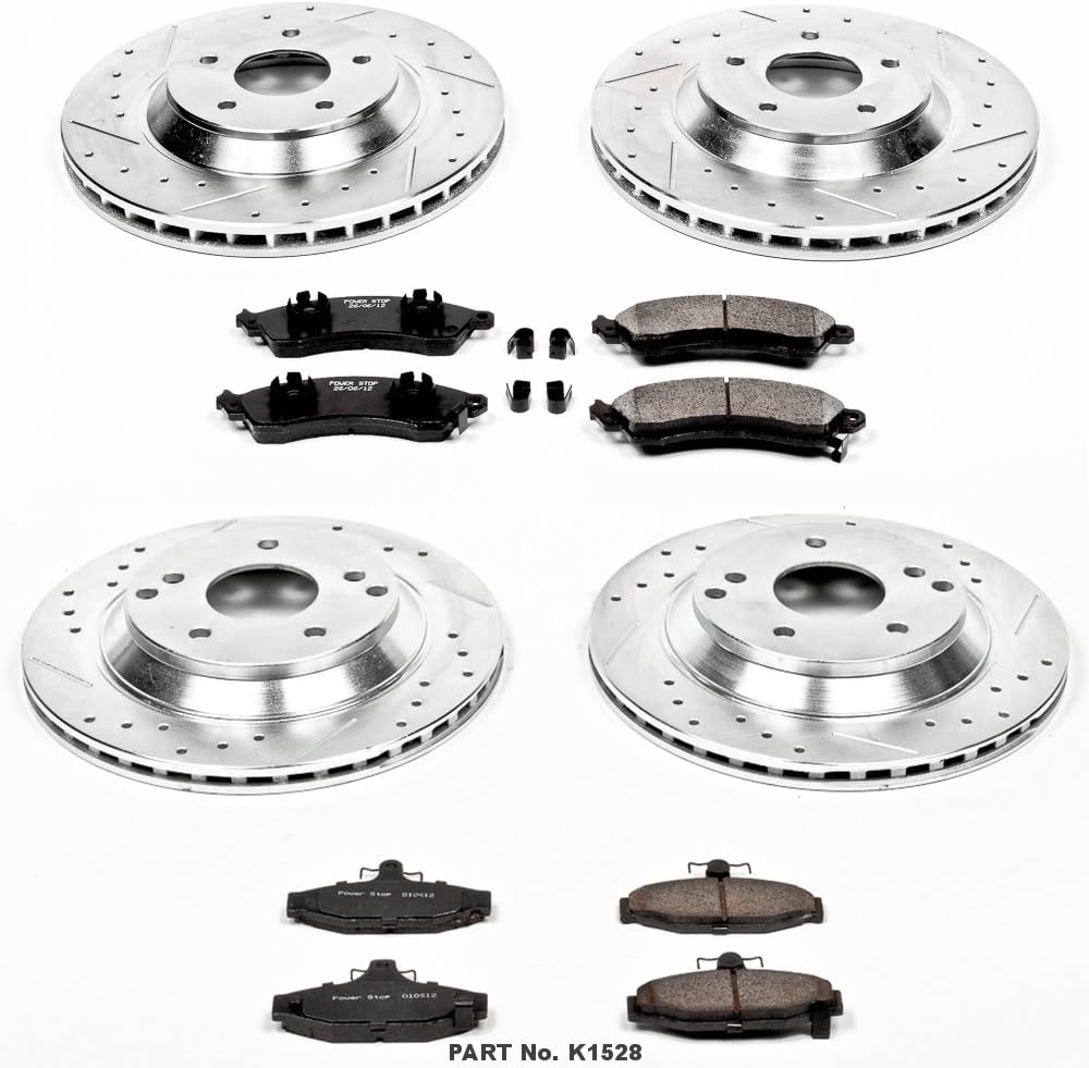 Front and Rear Carbon Fiber Brake Pads with Drilled & Slotted Brake Rotors Kit Y177385